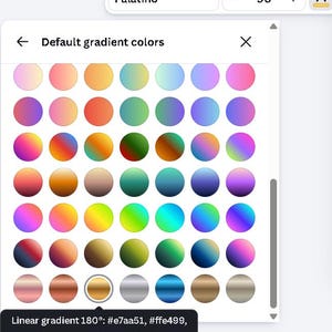 May include: A digital interface displaying a selection of default gradient colors in a circular pattern. The color palette includes a variety of hues, from warm oranges and yellows to cool blues and purples. Text at the bottom indicates the linear gradient angle and color codes.