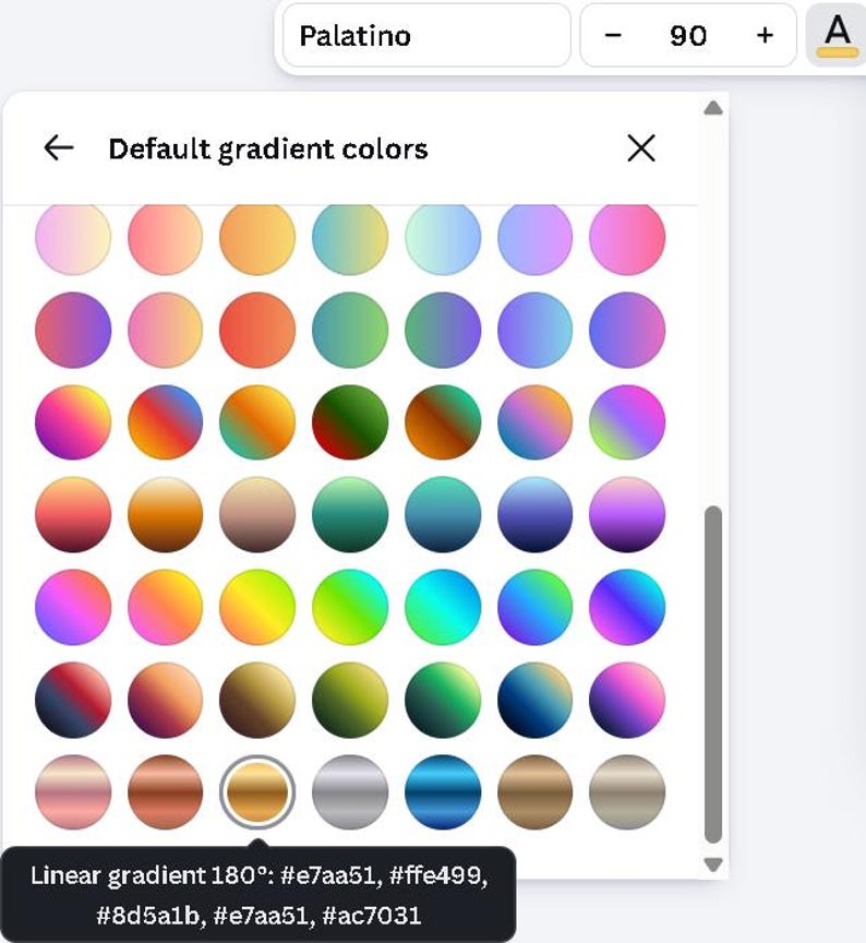 May include: A digital interface displaying a selection of default gradient colors in a circular pattern. The color palette includes a variety of hues, from warm oranges and yellows to cool blues and purples. Text at the bottom indicates the linear gradient angle and color codes.