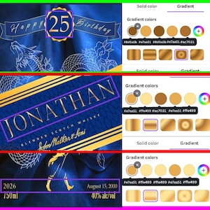 May include: A digital design featuring a blue background with gold accents. The design includes text that reads "Happy 25 Birthday" and "JONATHAN" with details about a blended scotch whisky. Additional text indicates a date, volume, and alcohol content.