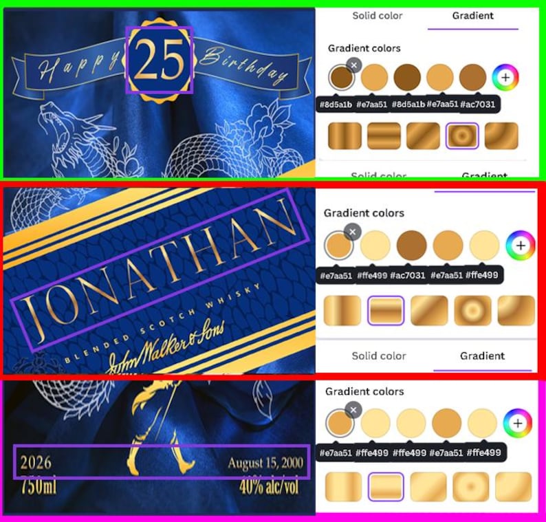 May include: A digital design featuring a blue background with gold accents. The design includes text that reads "Happy 25 Birthday" and "JONATHAN" with details about a blended scotch whisky. Additional text indicates a date, volume, and alcohol content.