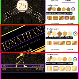 May include: A digital design featuring a black and gold theme. The design includes text that says "Happy Birthday" and "25". There is also a label that says "JONATHAN" and a label with the text "2026" and "August 15, 2000".