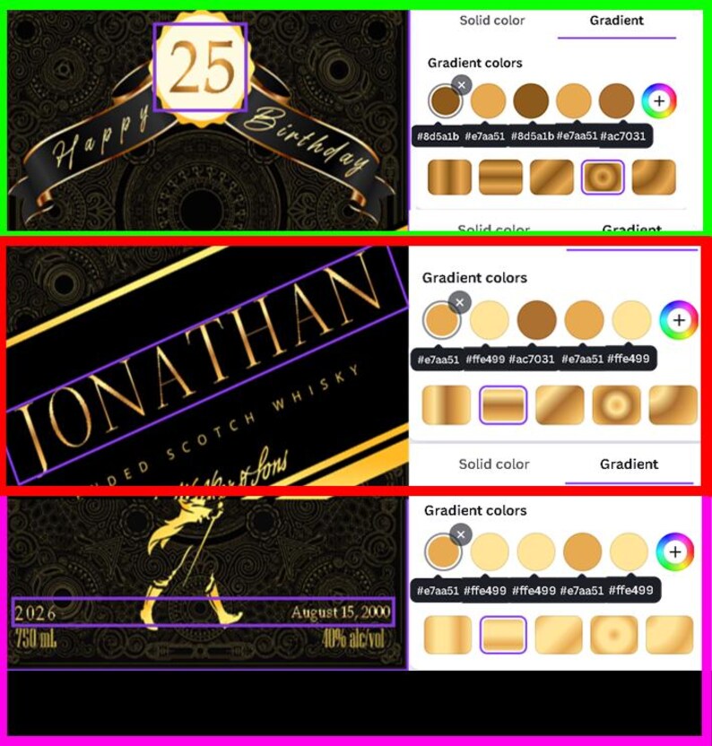 May include: A digital design featuring a black and gold theme. The design includes text that says "Happy Birthday" and "25". There is also a label that says "JONATHAN" and a label with the text "2026" and "August 15, 2000".