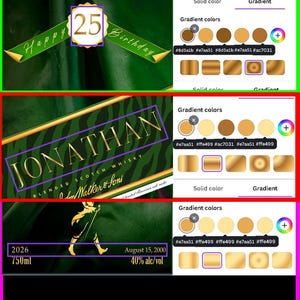 May include: A green ribbon with the text "Happy Birthday" and a gold-framed "25". Below, a label reads "JONATHAN BLENDED SCOTCH WHISKY". The image also shows a bottle with the text "John Walker & Sons", "2026", "750ml", "August 15, 2000", and "40% alc/vol".