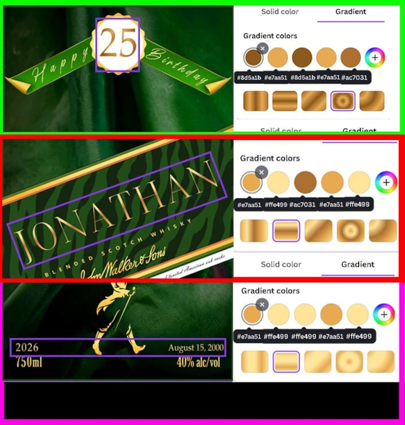 May include: A green ribbon with the text "Happy Birthday" and a gold-framed "25". Below, a label reads "JONATHAN BLENDED SCOTCH WHISKY". The image also shows a bottle with the text "John Walker & Sons", "2026", "750ml", "August 15, 2000", and "40% alc/vol".