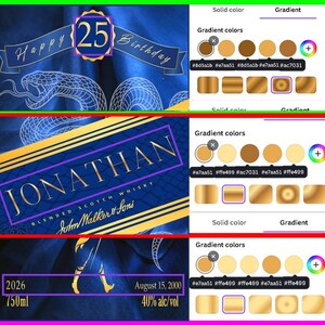 May include: A blue background with gold text that reads "Happy Birthday" and "25". Below is a label that reads "JONATHAN" and "John Walker & Sons Blended Scotch Whisky". The image also includes the text "2026", "750ml", "August 15, 2000", and "40% alc/vol".