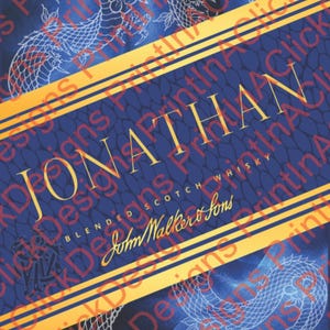 May include: A blue and gold label with the name "Jonathan" and "Happy 25th Birthday" in gold lettering. The label features a dragon design and the text "John Walker & Sons Blended Scotch Whisky".