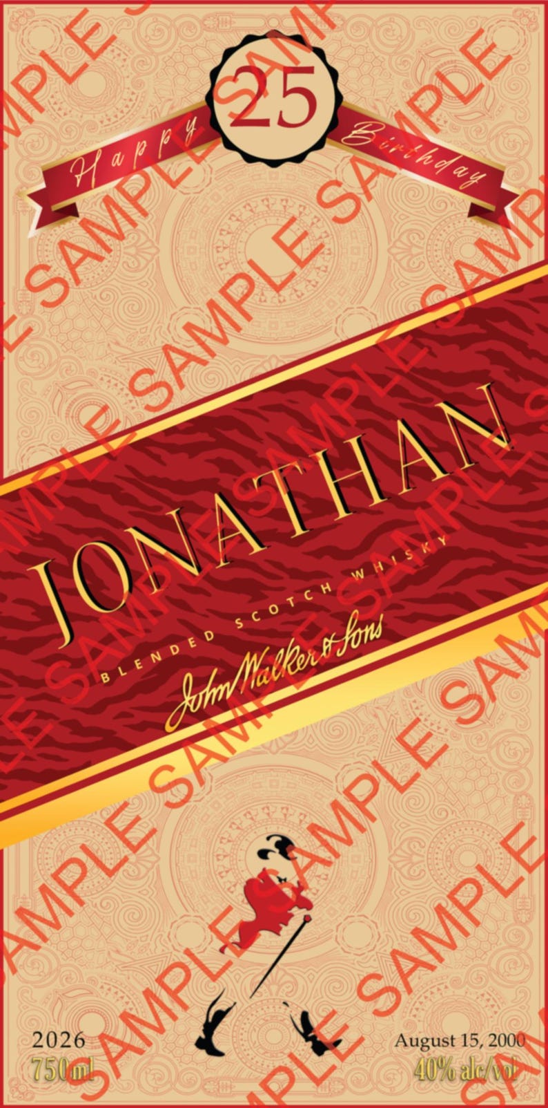 May include: A red and gold label for a bottle of blended Scotch whisky, featuring the name "Jonathan" in gold lettering. The label includes the text "Happy Birthday" and a graphic of a man walking. The label also includes the text "John Walker & Sons".