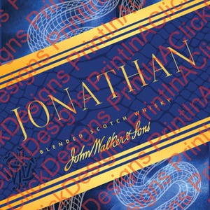 May include: A custom label design for a bottle of John Walker & Sons blended scotch whisky. The label is navy blue with gold accents, featuring the name "Jonathan" and a snake illustration. The label also includes the text "Happy 25th Birthday."