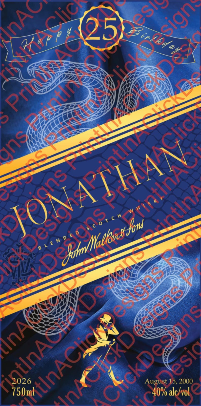 May include: A custom label design for a bottle of John Walker & Sons blended scotch whisky. The label is navy blue with gold accents, featuring the name "Jonathan" and a snake illustration. The label also includes the text "Happy 25th Birthday."