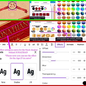 May include: A digital design interface showing color gradients and effects. The top section displays a banner with "Happy Birthday" and the number "25". The bottom section shows text effects for the name "JONATHAN".