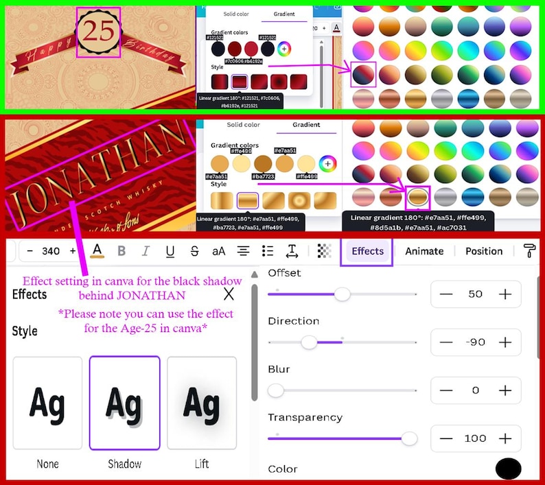 May include: A digital design interface showing color gradients and effects. The top section displays a banner with "Happy Birthday" and the number "25". The bottom section shows text effects for the name "JONATHAN".