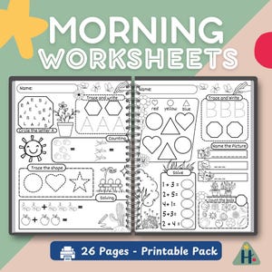 Puede incluir: Un libro de trabajo imprimible en blanco y negro para niños con una variedad de actividades, que incluyen trazar letras y formas, contar, resolver problemas matemáticos simples y colorear. El libro de trabajo tiene un título que dice "Morning Worksheets" y presenta una estrella amarilla con un contorno verde.