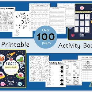 Puede incluir: Un libro de actividades de temática espacial para imprimir con más de 100 páginas. La portada presenta un fondo negro con un astronauta de dibujos animados, un cohete y un cocodrilo. El libro incluye actividades como colorear por números, trazar, juegos de emparejamiento y copiar la imagen.