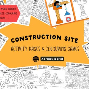 Puede incluir: Un conjunto de páginas de actividades y juegos para colorear con temática de construcción, en blanco y negro. Las páginas incluyen laberintos, búsquedas de palabras y actividades de conectar los puntos. El texto dice "Construction Site Activity Pages & Colouring Games" y "+60 Pages".
