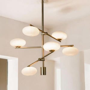Vintage Italian Brass Chandelier | Mid-Century Modern 6-Light Opaline Glass Light Fixture| Elegant Handcrafted Sputnik Ceiling Lamp