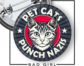 Pet Cats Punch Nazis Pinback Button: Anti-Fascism Flair Pin