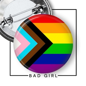 Progress Pride Flag LGBTQ+ Pinback Button, Flair Button, Support and Awareness Gift