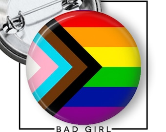 Progress Pride Flag LGBTQ+ Pinback Button, Flair Button, Support and Awareness Gift