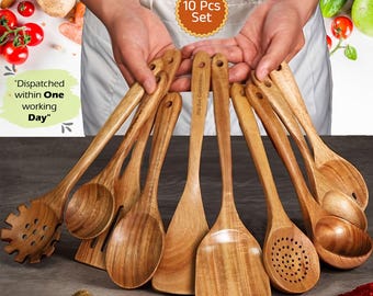 Handmade Wooden Kitchen Utensil Set – 10‑Piece Spatulas, Spoons Cooking Baking Serving Mixing – Perfect Christmas, Wedding & Couple Gift