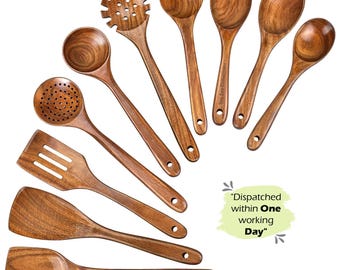 10-Piece Teak Wood Utensil Set, Handmade Wooden Cooking Utensils, Kitchen Tools, Non Toxic.