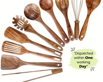 Premium Teak Wood Utensils Set, 10-Piece Wooden Spatulas & Spoons, Durable Natural Kitchen Tools, Eco Friendly Cookware, Gift