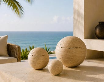 Handmade Travertine Marble Sphere | Natural Stone Minimalist Decor | Coastal Accent Object