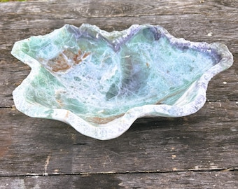 Handmade Fluorite Bowl | Green & Purple Centerpiece 15.5"