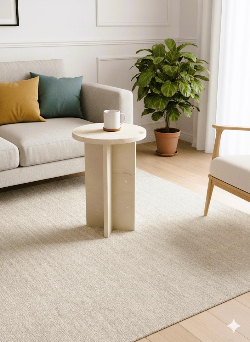 Ivory Travertine Marble Side Table | Natural Stone Accent Table Round image 1