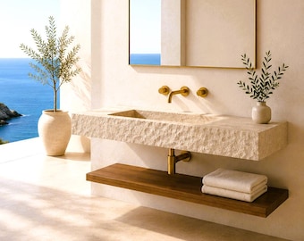 Travertine Floating Sink & Solid Cedar Shelf – Rustic Natural Marble Bathroom Vanity