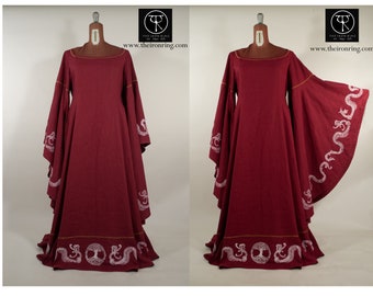 Brenna, celtic fantasy medieval wedding dress, larp, viking, hand painted cotton, embroidered, custom made