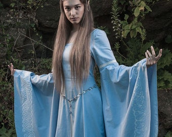 Elven fantasy medieval dress, linen, custom made, custom decor embroidery available, larp, fantasy, renaissance.