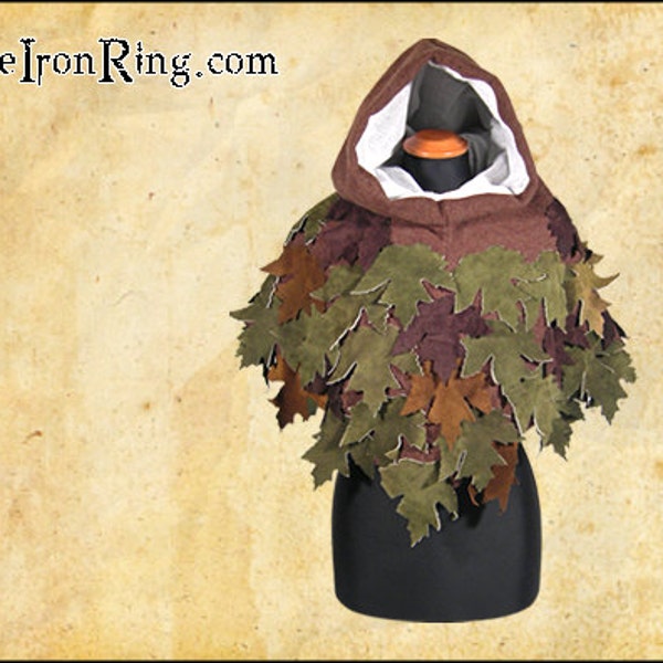Capucha de elfo de fantasía con hojas, duende, élfico, guardabosques, capa, manto, larp