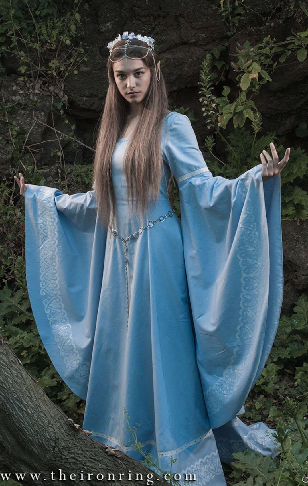blue faux wrap dress Medieval Dress Women Long Sleeve Maxi Robe Vintage Fairy Elven Dress R main image 1