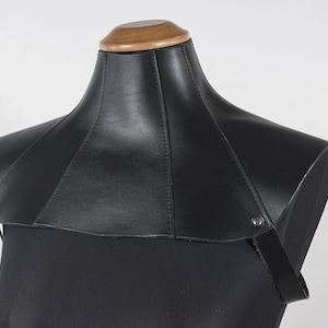 以下が含まれることがあります： 尖ったデザインと調節可能なストラップが付いた黒い革の襟。襟は高品質の革で作られており、洗練されたモダンな外観をしています。