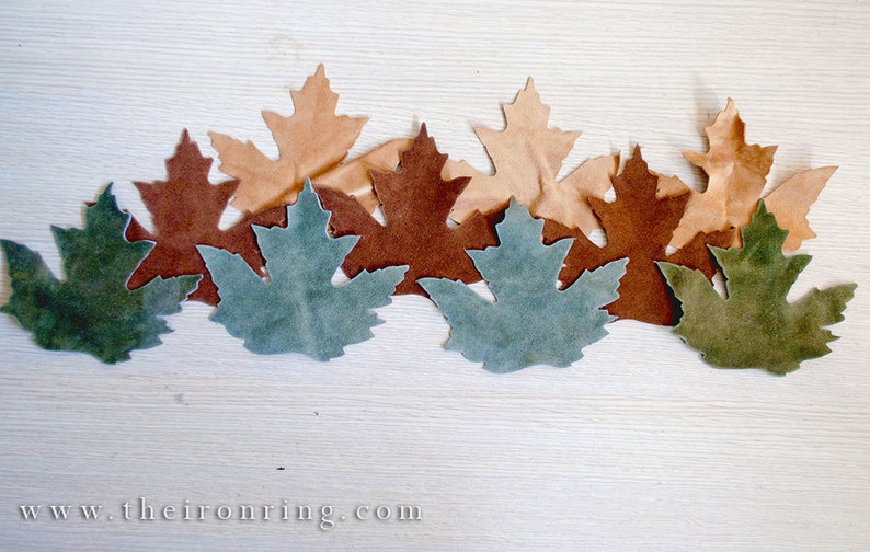 Suede Leather maple leaves Sand, brown and green set of 10 three different colors