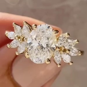 Vintage Oval Floral Diamond Engagement Ring - Unique Yellow Gold Moissanite Wedding Ring - Cluster Dainty Promise Ring for Women