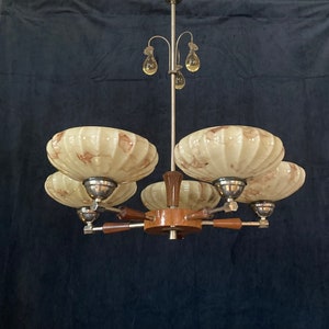 Elegant Art Deco style mid century Wood and Chrome Chandelier with Stunning Glass Shades
