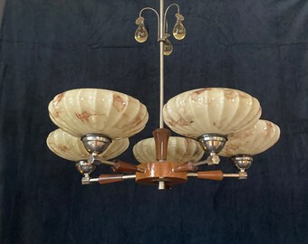 Elegant Art Deco style mid century Wood and Chrome Chandelier with Stunning Glass Shades