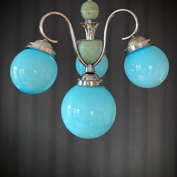 Art deco style mid century chandelier with blue/turquoise glass shades