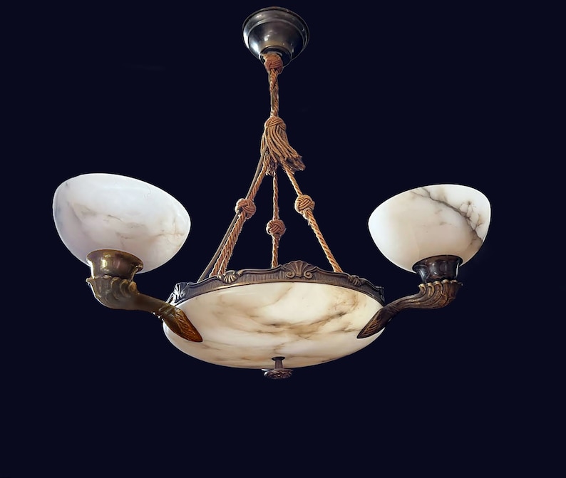 Alabaster chandelier with 3 shades. image 2