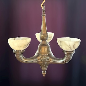 Beautiful Art Deco chandelier with white alabaster shades with grey veining.