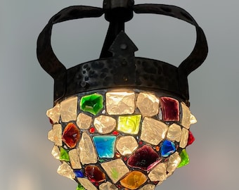 Colourful chunky stained glass lamp. Art Nouveau/ Arts and Crafts Early 1900s