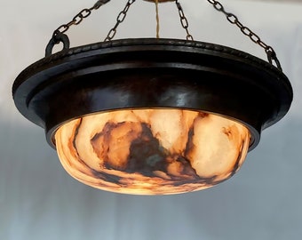 Early 1900 Alabaster and copper ceiling light.