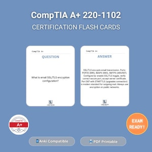 May include: Flash cards for CompTIA A+ 220-1102 certification. The image shows two flash cards, one with a question about email SSL/TLS encryption, and the other with the answer. The cards are white with black text. The image also includes the text "EXAM READY!"