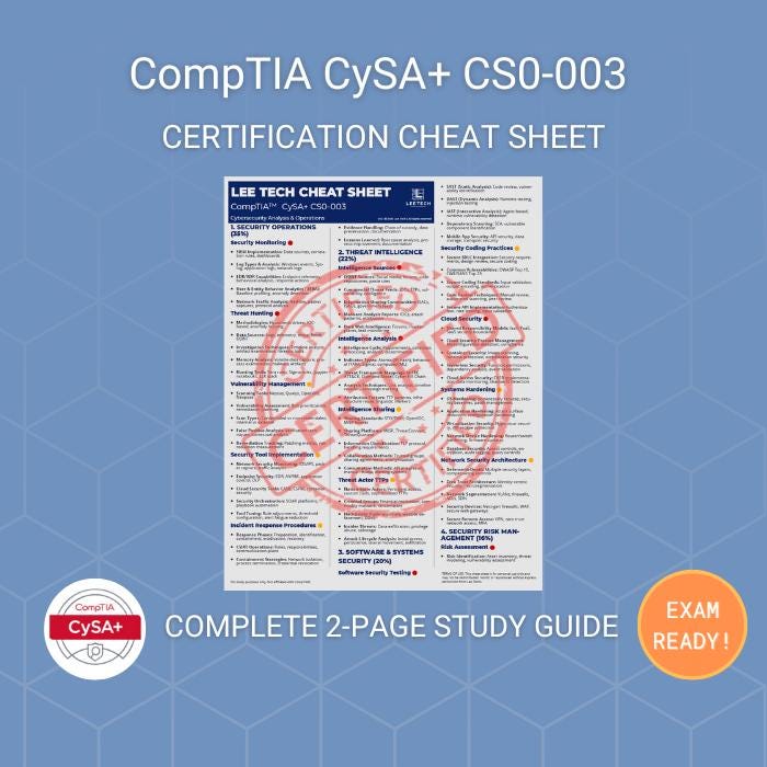 Comptia Cysa+ Cheat Sheet: Cybersecurity Analyst Study Guide (instant ...