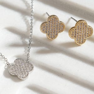 Micro Pavé Clover Motif Necklace/Earring - 14K Gold or Rhodium Plated