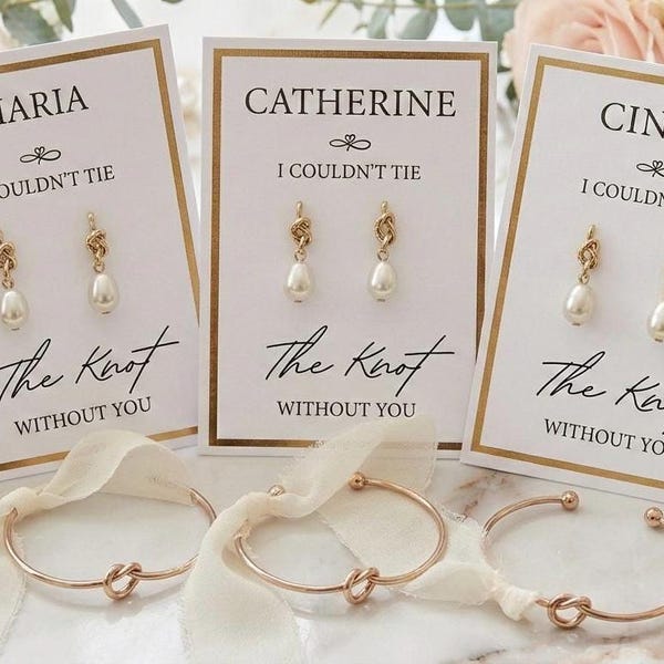 SET of Luxurious Tie the Knot Pearl Earrings & Bracelet Bridesmaid Proposal Gift Knot Bracelet Bridesmaid Card Accessories Wedding Favors
