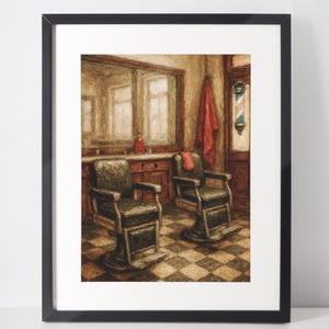 Barbershop Printable Wall Art, Vintage Barber Pole Poster, Barber Chair Checkered Floor Retro Barber Shop Decor, Hair Salon Digital Download
