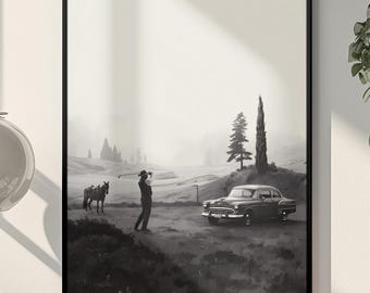 Arte murale stampabile a tema golf vintage, decorazioni sportive retrò con palline da golf e poster minimalista da golf, download digitale, auto d'epoca, cowboy