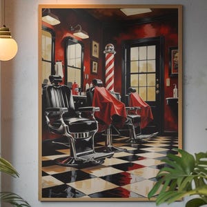 Barbershop Printable Wall Art, Vintage Barber Pole Poster, Barber Chair Checkered Floor Retro Barber Shop Decor, Hair Salon Digital Download